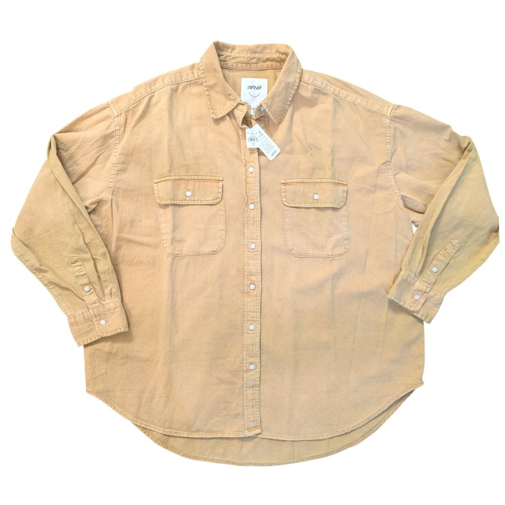 Aerie Oversized Button Down‎ Shirt Tan/Mustard Long Sleeve Women's Small